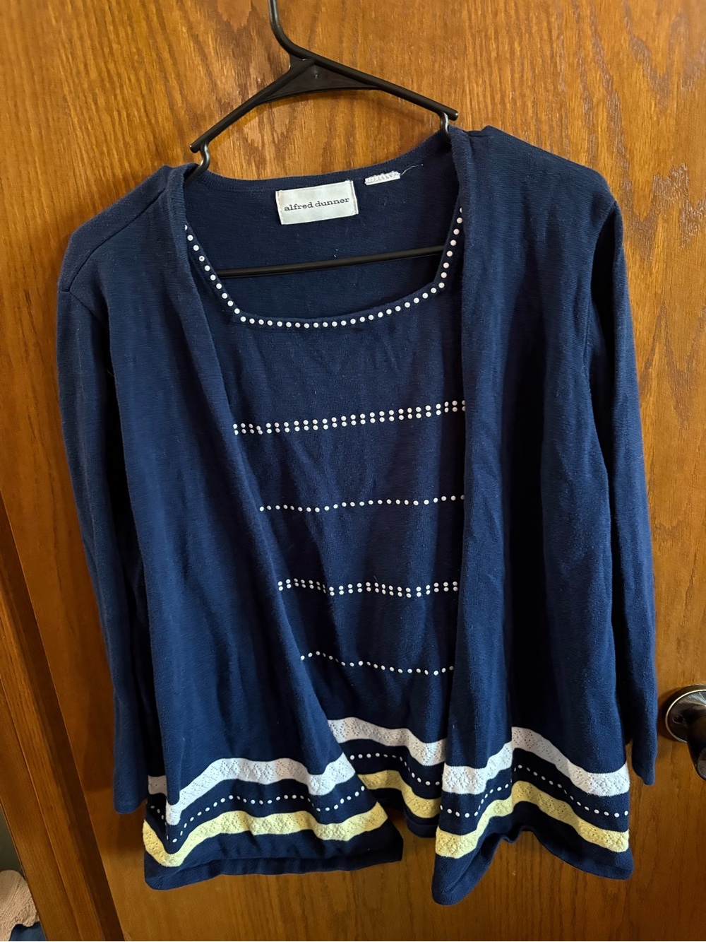 Alfred Dunner Navy Cardigan Top with Striped Hem and Stud Detail